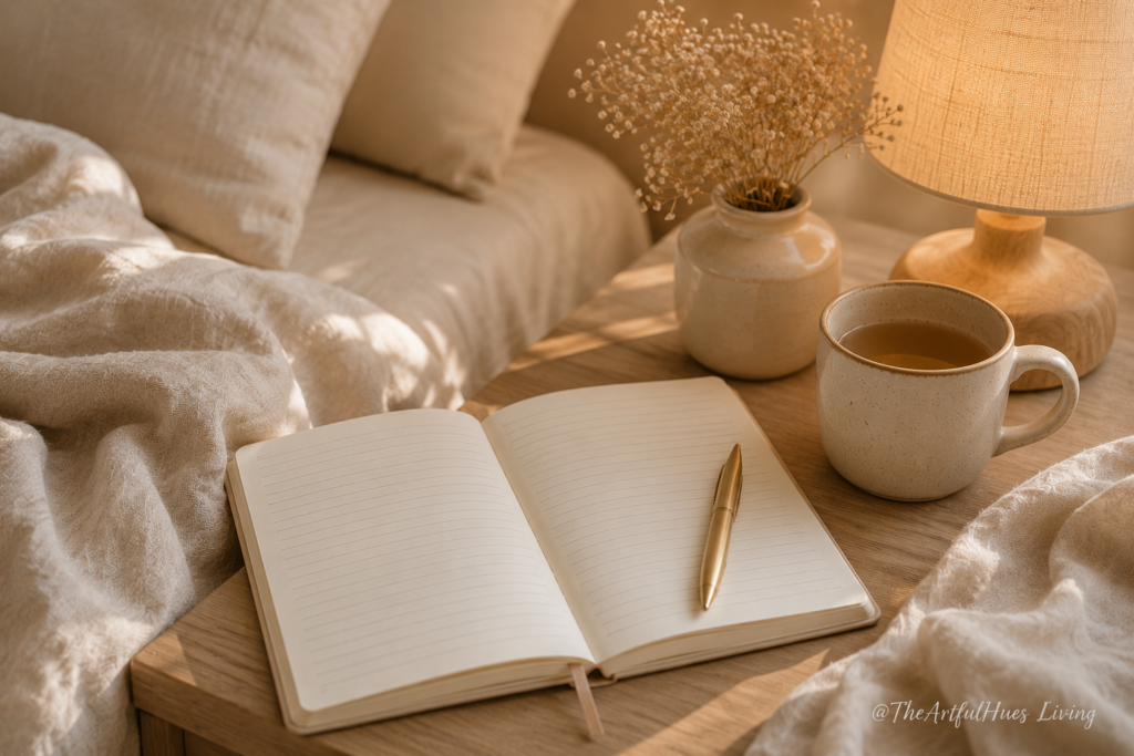 Open journal with pen, mug, lamp, and neutral bedding for a calming self-care routine.