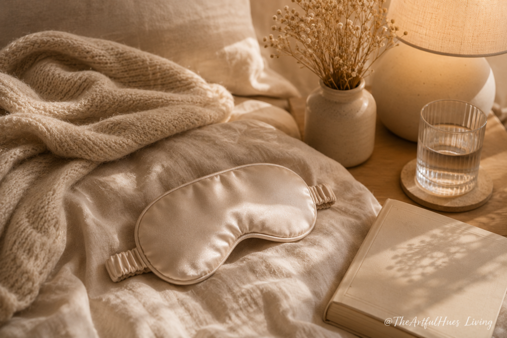 Soft eye mask on neutral linen bedding with blanket, book, and bedside lamp.