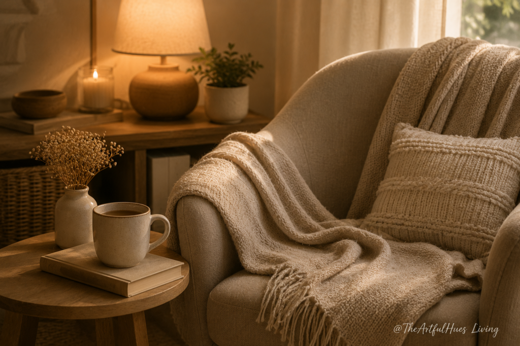 Cozy living room chair with beige throw blanket, mug, book, and warm lamp.