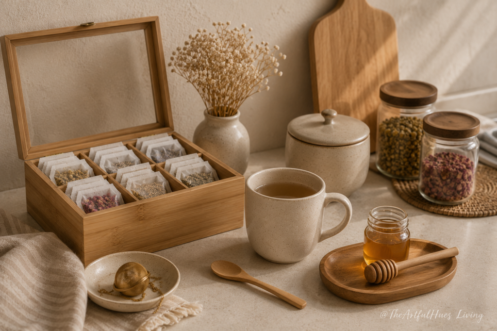 Bamboo tea organiser with herbal tea, ceramic mug, honey jar, and wooden tray.