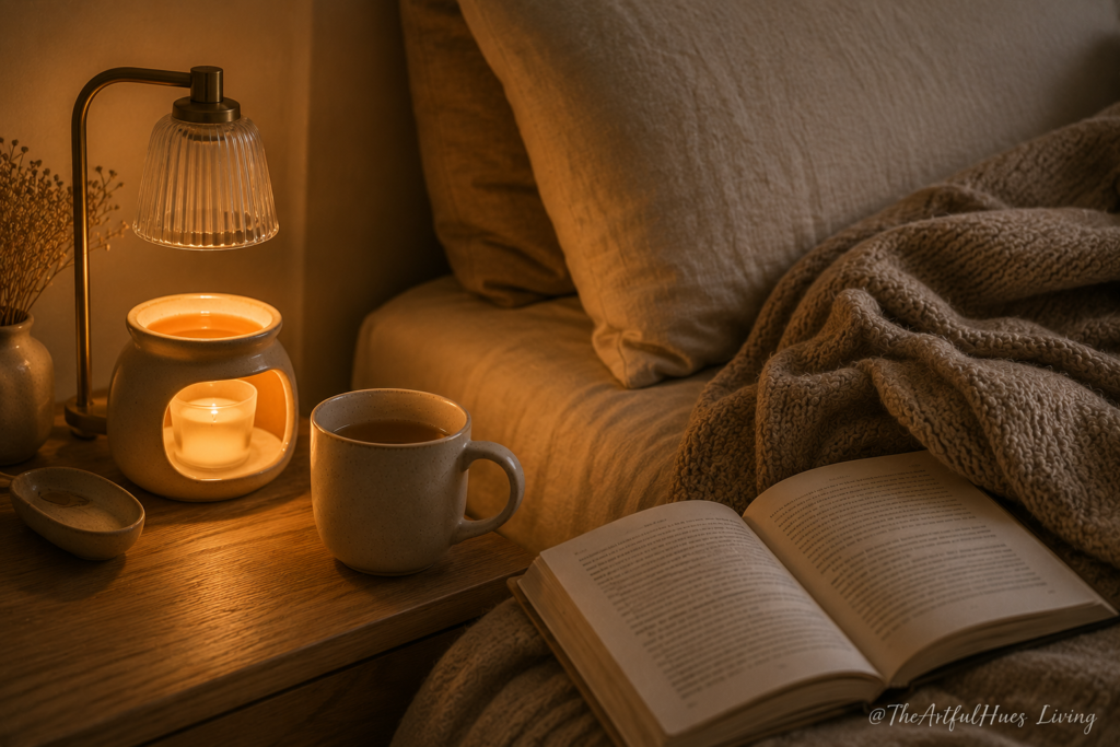 Candle warmer lamp beside bed with book, mug, and soft beige blanket.