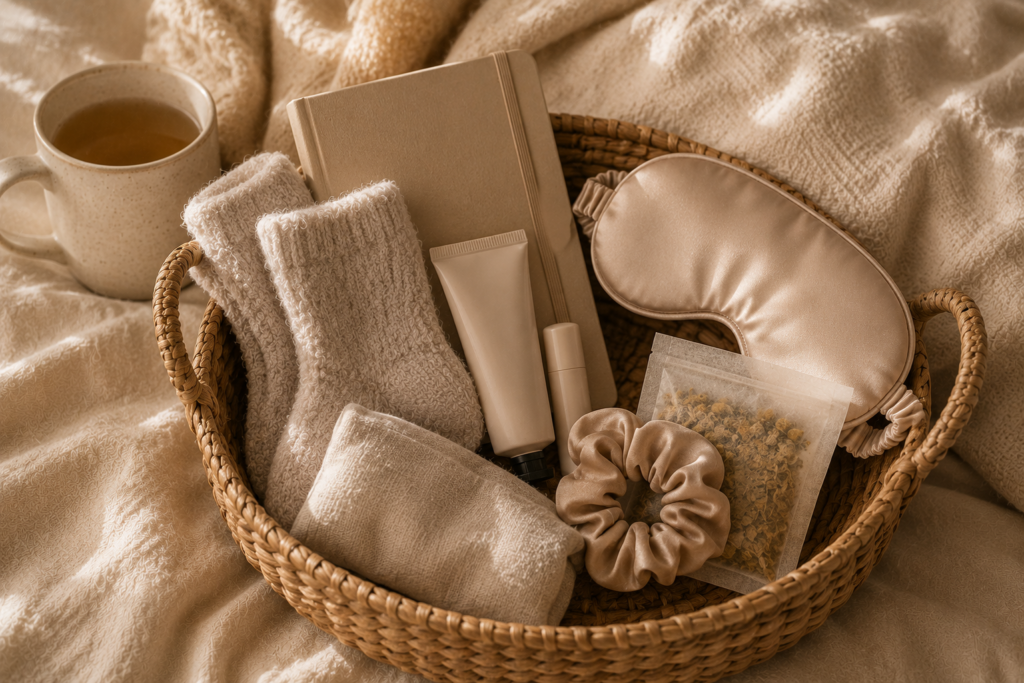 Woven self-care essentials basket with socks, hand cream, eye mask, tea, journal, and heat pack.