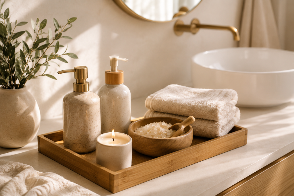 Bathroom tray with soap dispenser, lotion, candle, towel, bath salts, and small plant.
