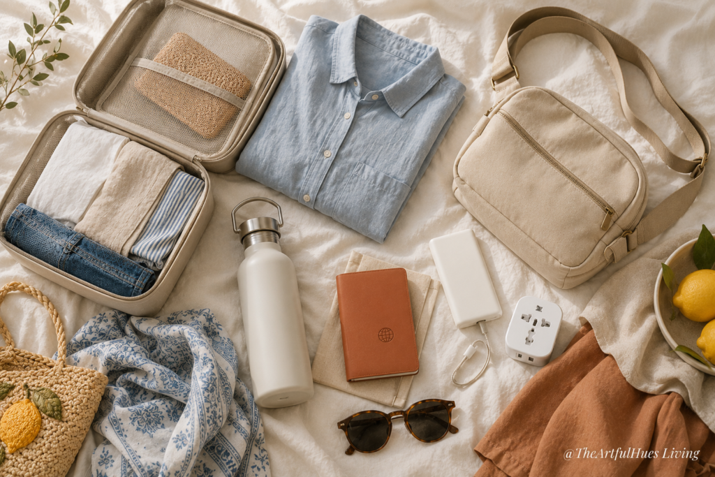 Europe summer travel essentials flat lay with packing cubes, linen shirt, crossbody bag and travel adapter