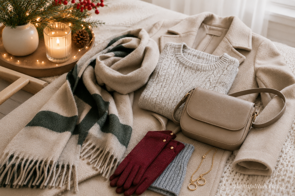 Large scarf and winter accessories styled for Europe winter travel