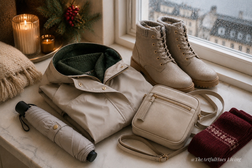 Packable rain jacket and compact umbrella for rainy Europe winter travel