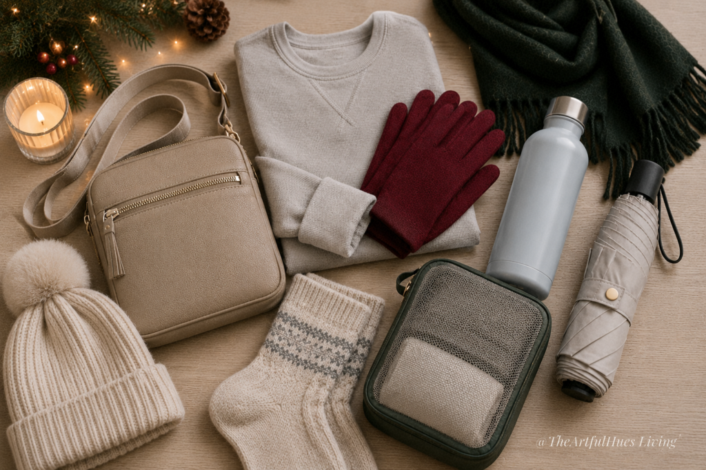 Final Europe winter packing essentials including reusable water bottle, bag and cold weather accessories