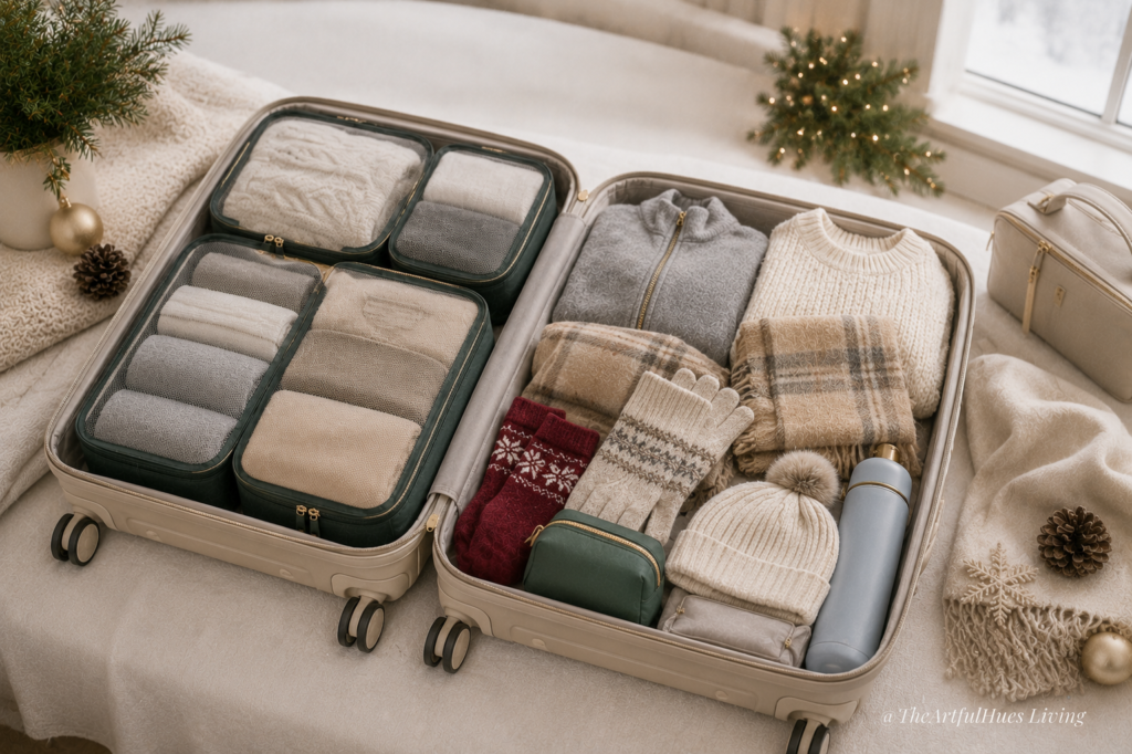 Carry-on suitcase packed with compression bags and winter travel essentials - Packing for Europe