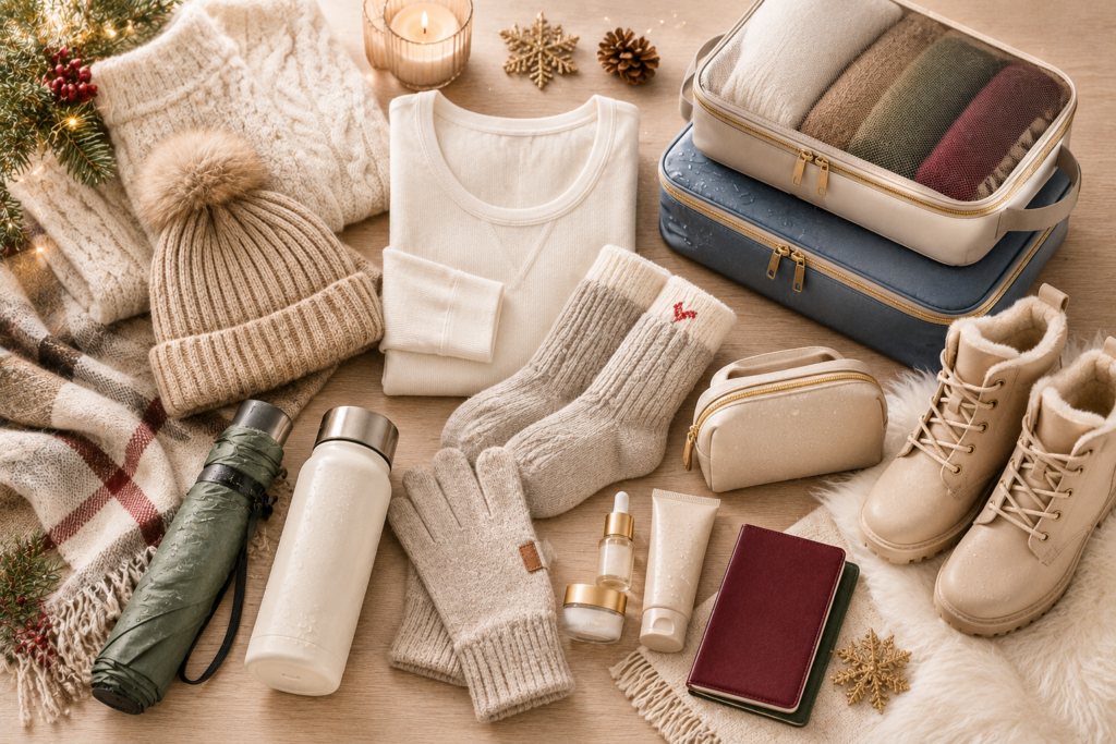 Europe winter travel essentials styled with thermal layers, boots, gloves, beanie and Christmas winter accents