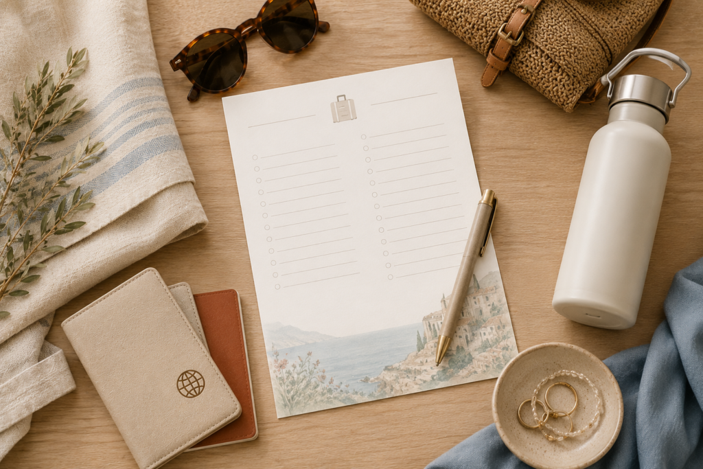 Printable Europe summer packing checklist with travel essentials on a neutral desk