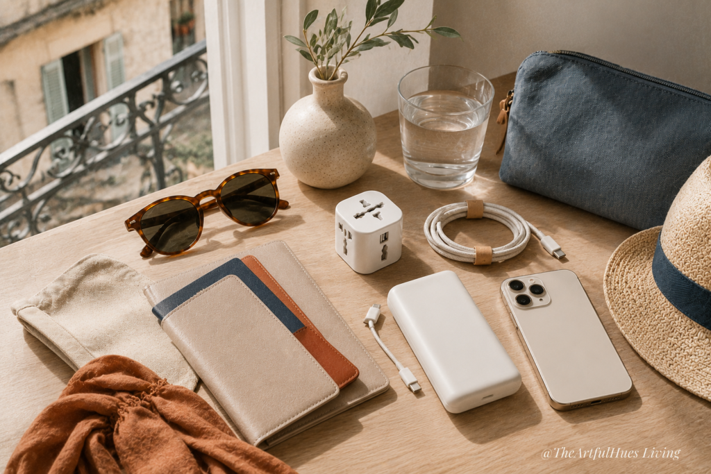 Europe travel tech essentials including adapter, portable charger and passport holder