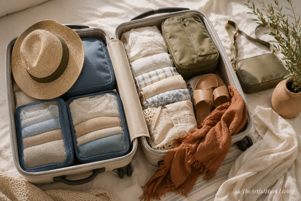Organised suitcase for a Europe summer trip with packing cubes and lightweight clothing