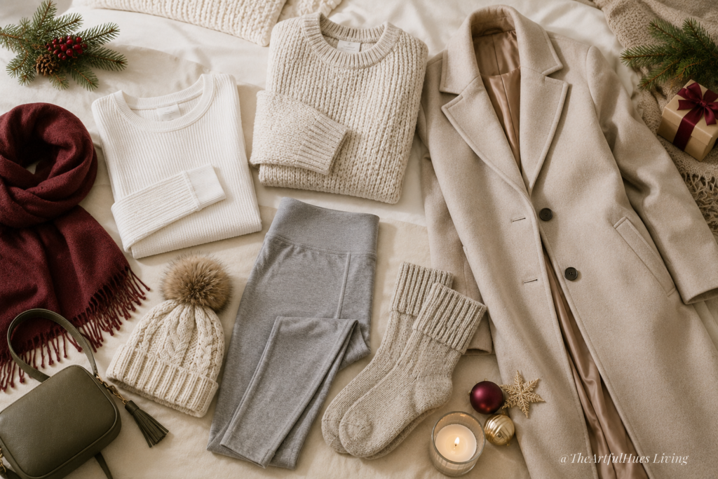 Winter travel layering outfit with thermal base layers, knitwear and scarf