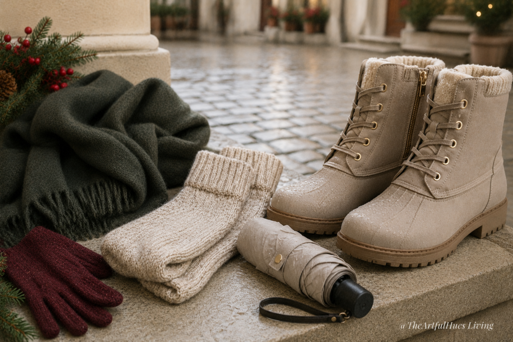 Waterproof boots and wool socks for Europe winter travel - winter packing essential