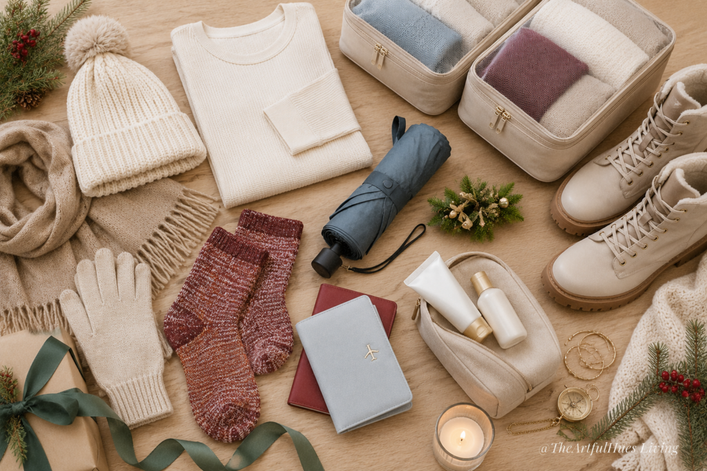 Europe winter packing essentials including thermals, wool socks, gloves, beanie and waterproof boots - pack for Europe in winter
